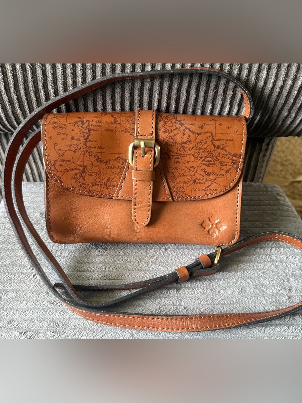 Small Patricia Nash Cognac/Tan Leather Crossbody with Map Printed Flap Bag Purse